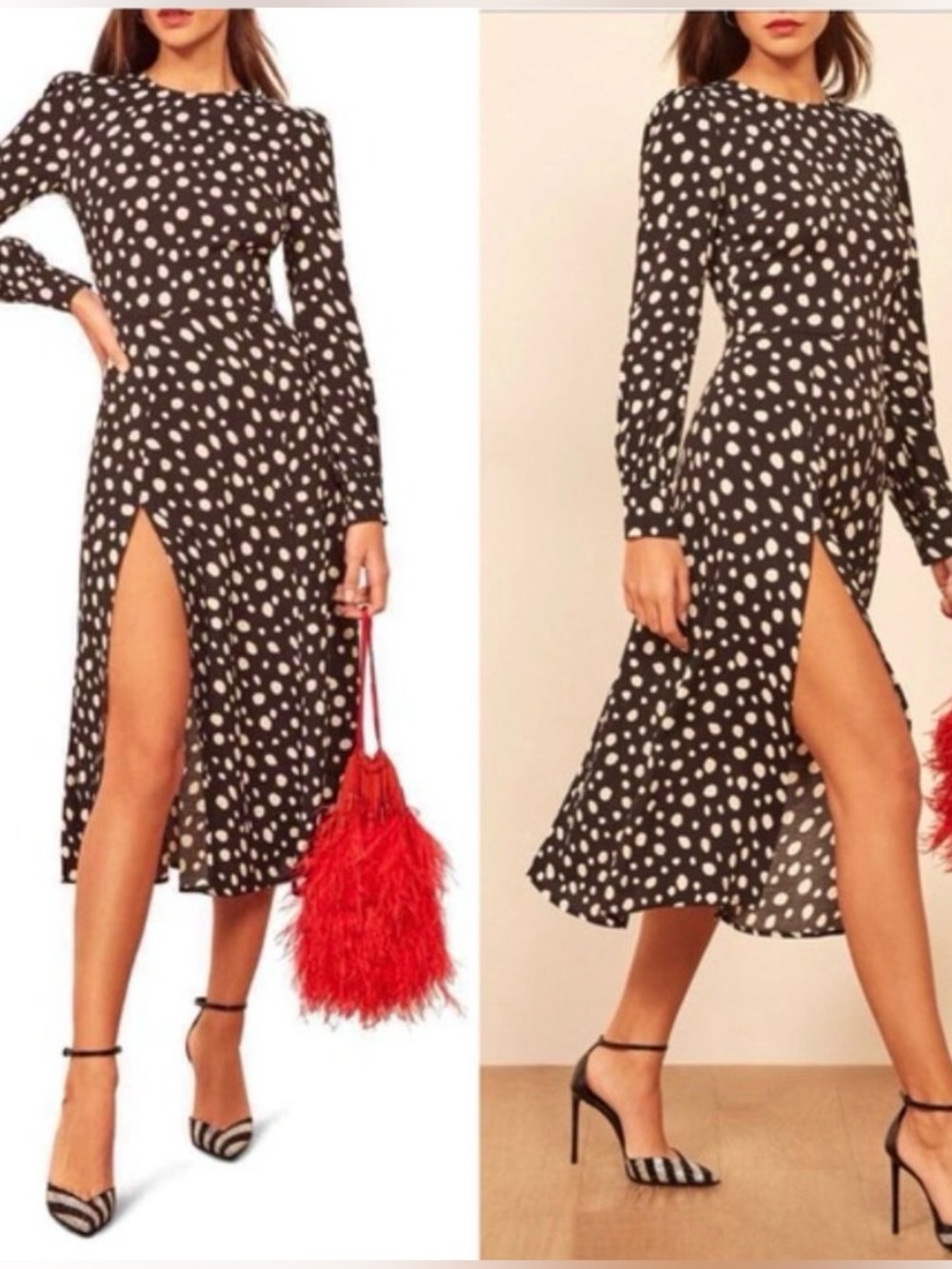 Reformation Creed Abstract Polka Dot Midi Dress Black Ivory Long Sleeve Slit 2